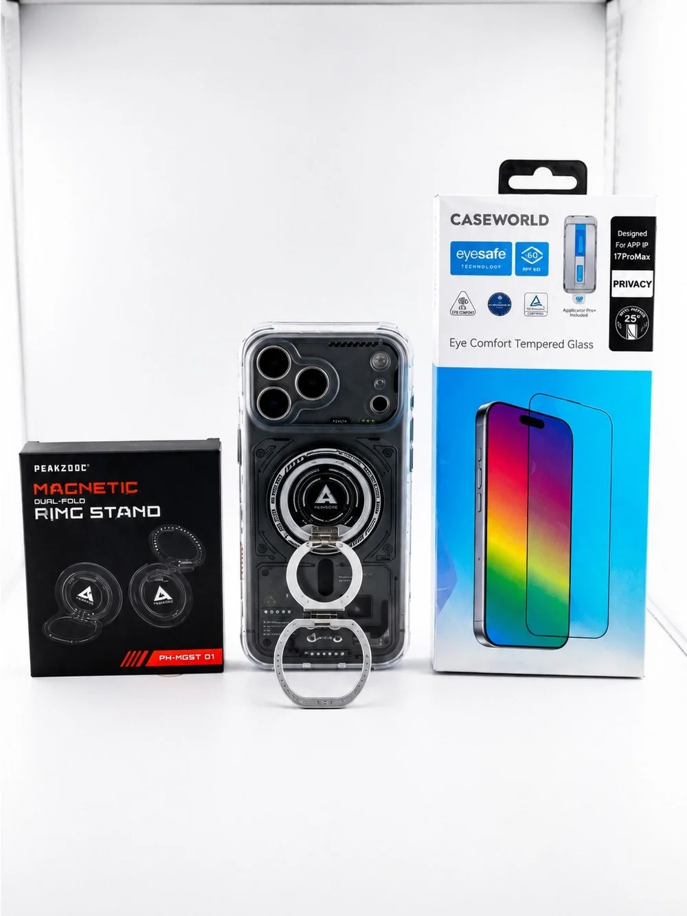 Clear Black Magnetic Ring Phone Case with Tempered Glass Screen Protector